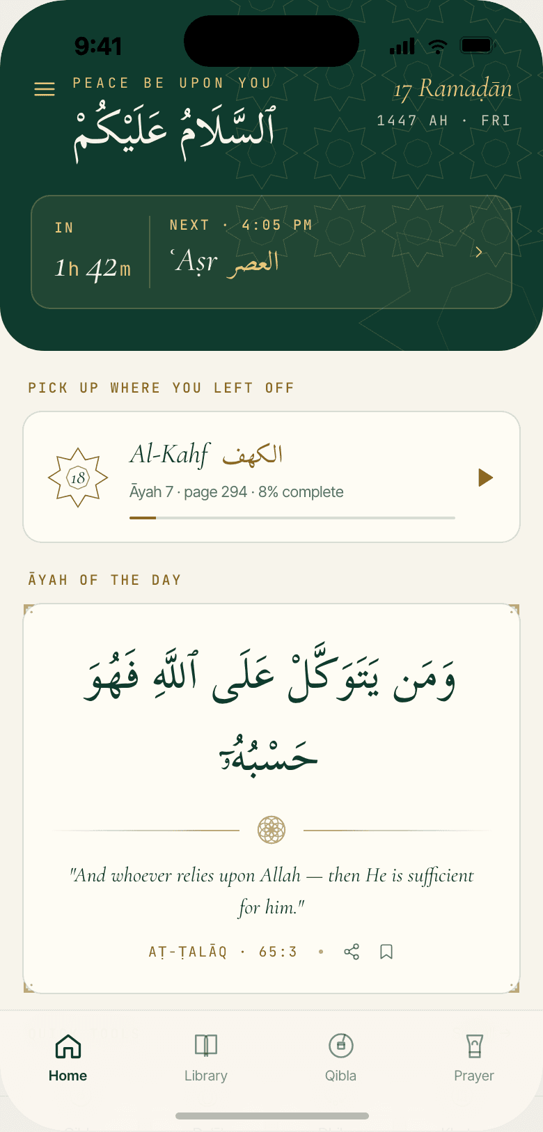 Al Mumin home dashboard with Hijri date greeting, next-prayer countdown card, continue-reading progress, and ayah of the day on parchment ivory.